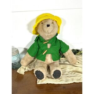 18" Paddington Bear 1970s medim Plush stuffed animal vintage felt green toggle